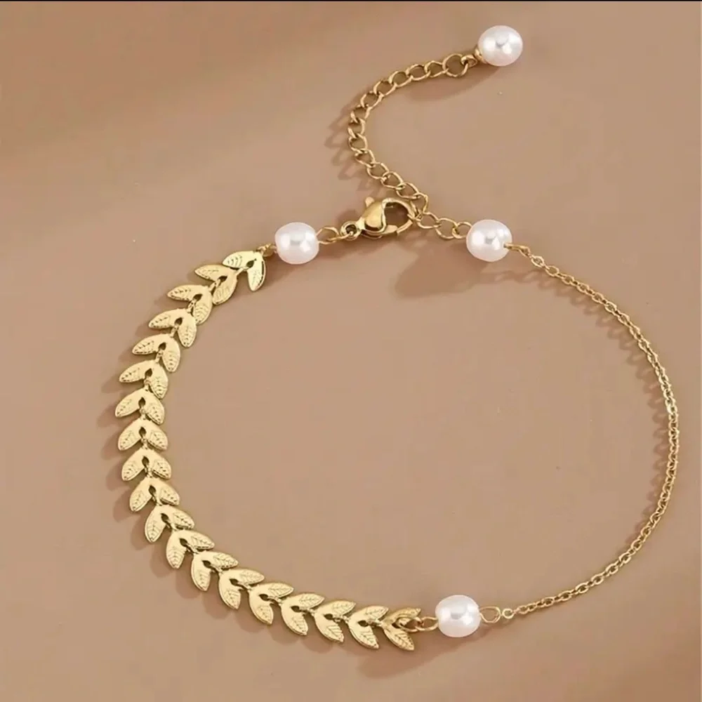 Gold Leaf Pearl Bracelet/Anklet | Delicate Wheat Chain Adjustable